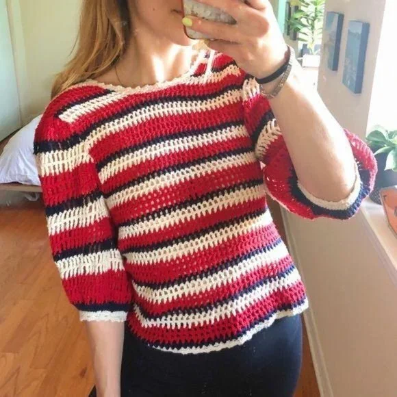 Ulla Johnson Amata Puff Sleeve Striped Sweater Red XSP - Picture 3 of 8